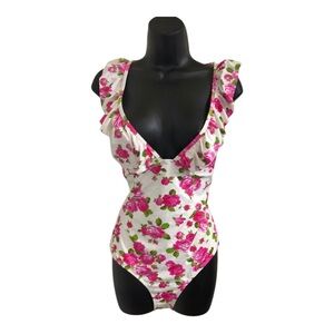 Betsey Johnson love always Betsey print floral flutter strap swimsuit size M new
